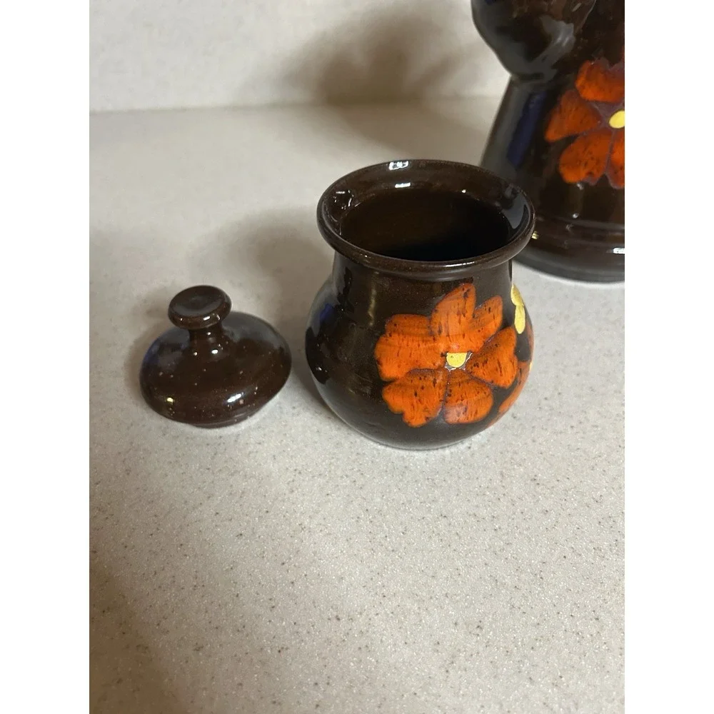 Vintage 70's Hand painted Tea/coffee Pot With Sugar Bowl Clay‎ Glazed Flowers